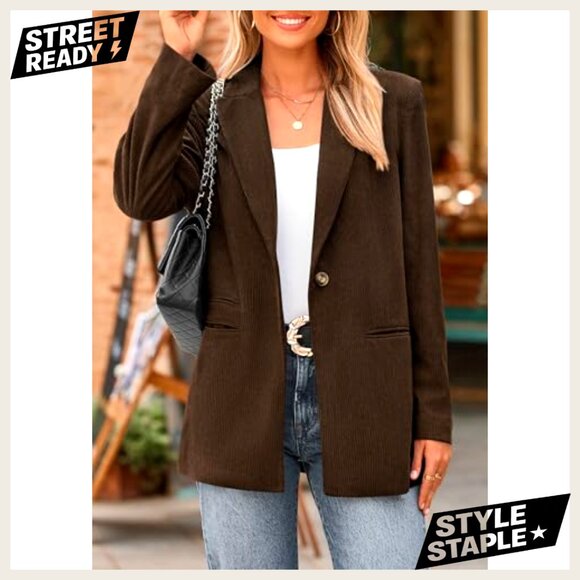 Corduroy Blazer Women's Long Sleeve Lapel Button Front Work Casual - Picture 3 of 7
